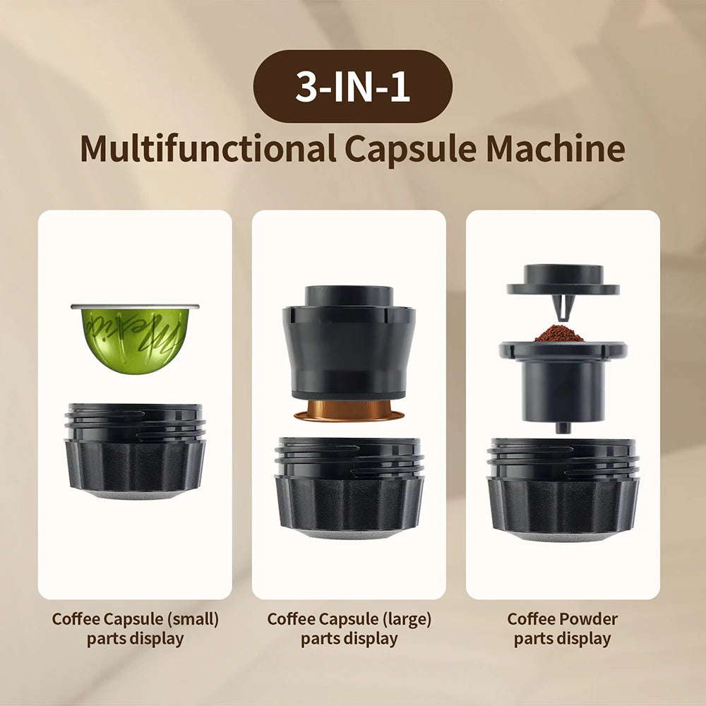 Cafetera Espresso Portátil 3 en 1 | Compatible con Cápsulas y Café Molido | Ideal para Viajes, Oficina y Uso Diario