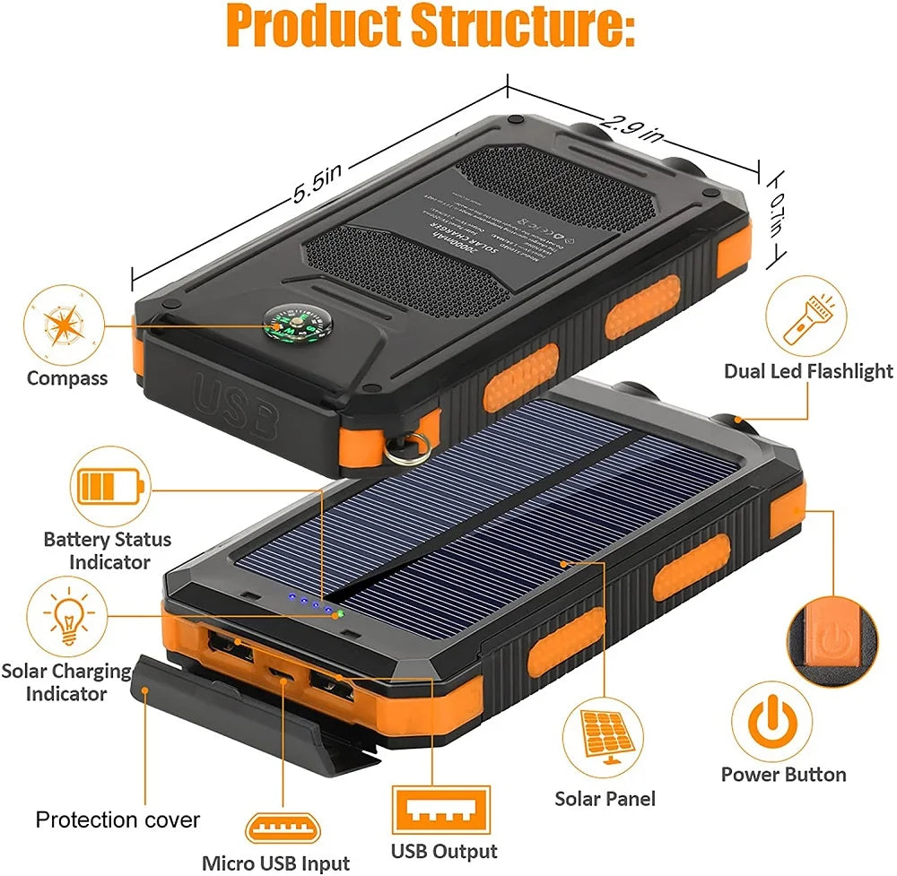 Power Bank Solar 80.000mAh | Batería Externa Portátil con Carga Rápida y Linterna LED