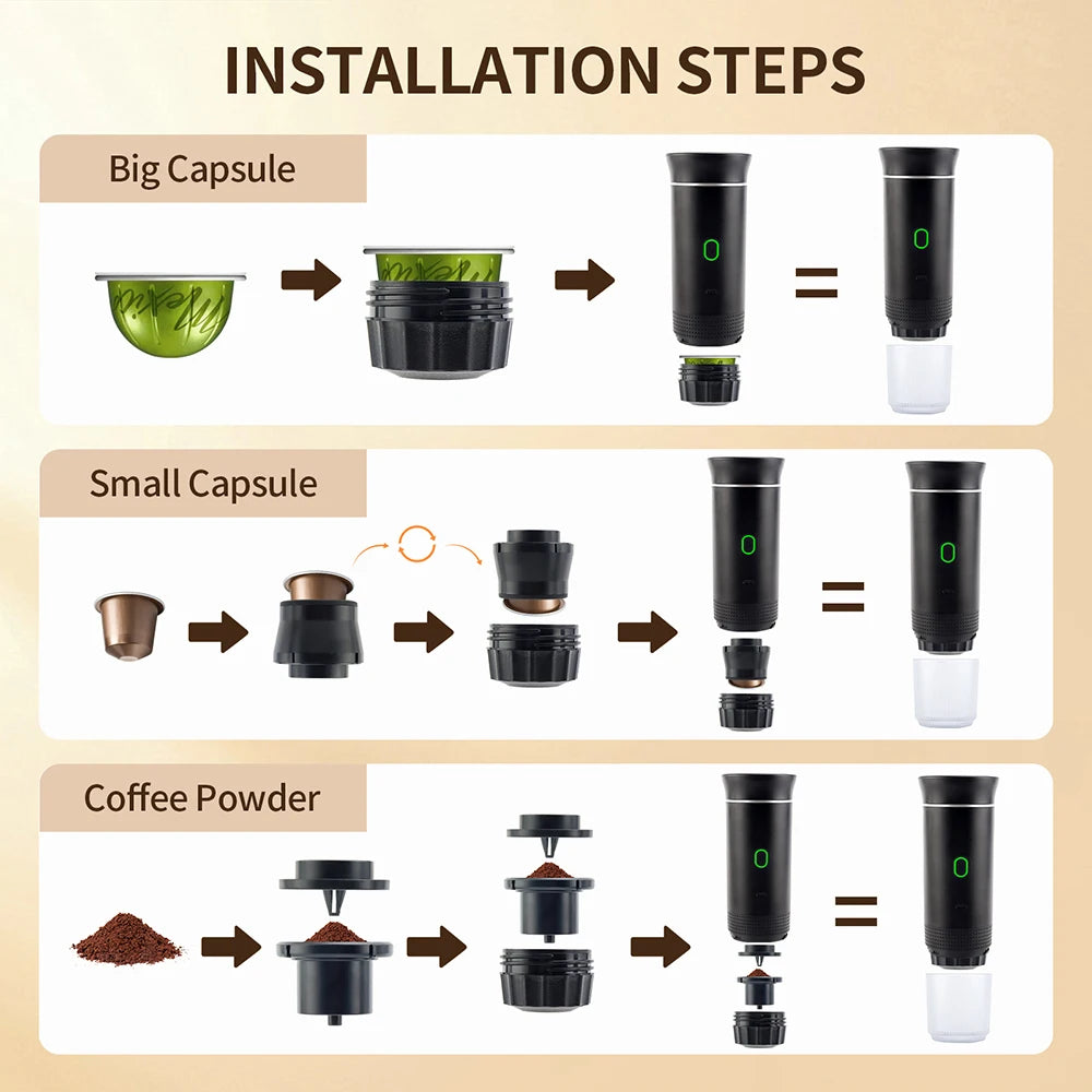 Cafetera Espresso Portátil 3 en 1 | Compatible con Cápsulas y Café Molido | Ideal para Viajes, Oficina y Uso Diario