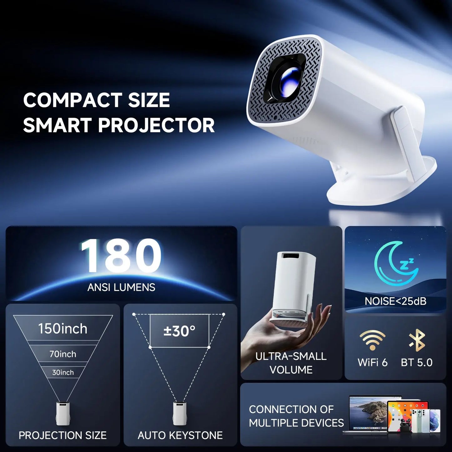 Mini Proyector Portátil P30Pro | Android 14, WiFi & Bluetooth | Compatible 4K HD | Cine en Casa y Exterior