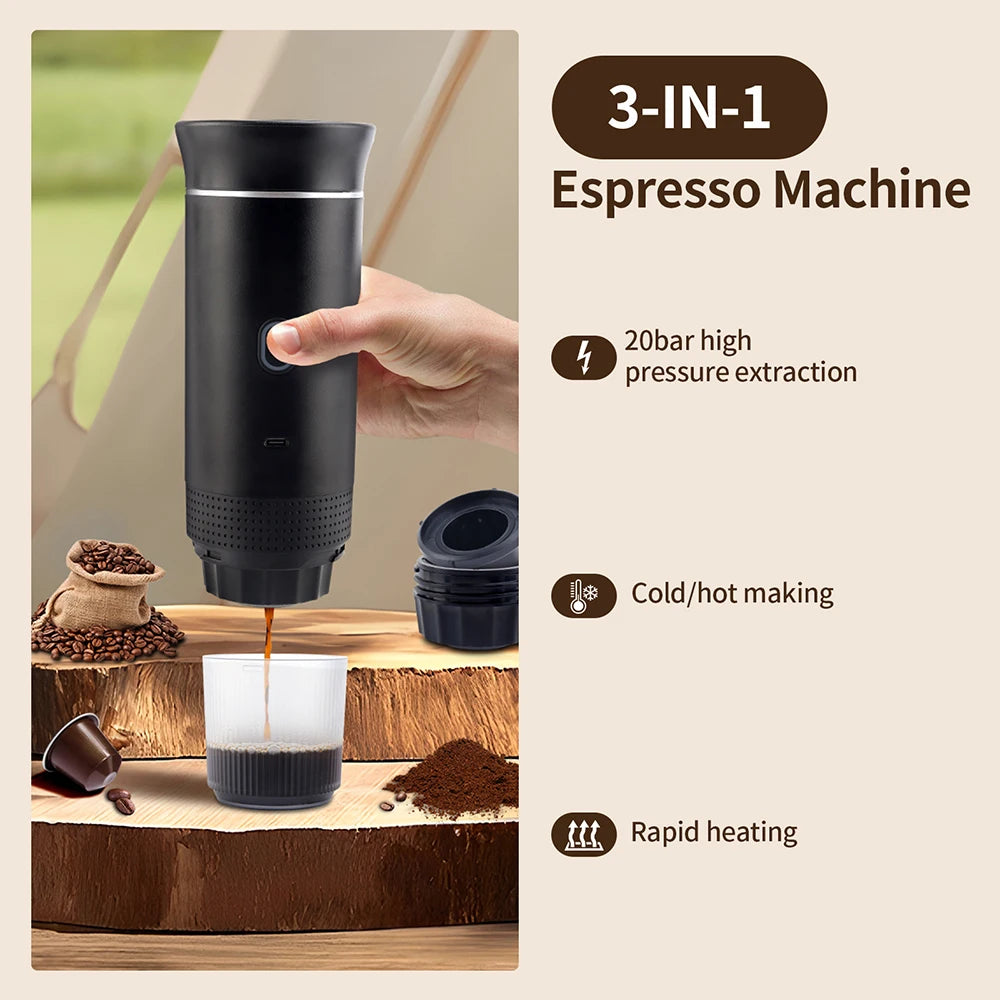 Cafetera Espresso Portátil 3 en 1 | Compatible con Cápsulas y Café Molido | Ideal para Viajes, Oficina y Uso Diario